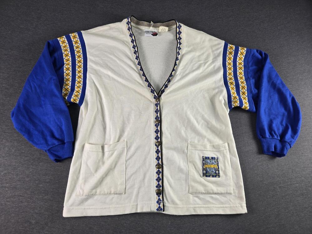 Vintage Hang Ten Cardigan Sweater Mens Small White Blue Argyle Knit Pockets USA